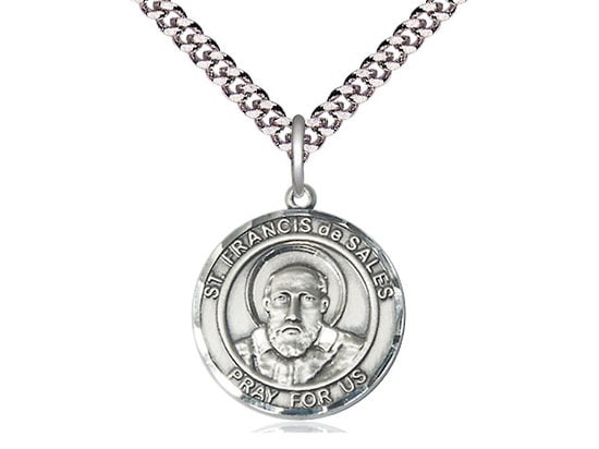 St Francis de Sales Sterling Silver Pendant on a 24 inch Light Rhodium Heavy Curb Chain.