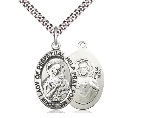 Our Lady of Perpetual Help Sterling Silver Pendant on a 24 inch Light Rhodium Heavy Curb Chain.