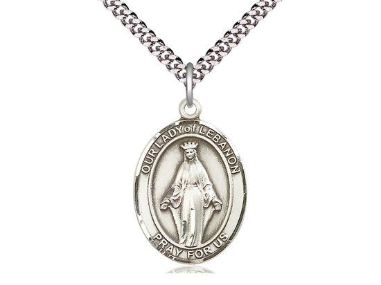 Our Lady of Lebanon Sterling Silver Pendant on a 24 inch Light Rhodium Heavy Curb Chain.