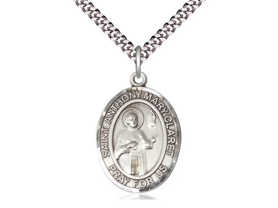 St Anthony Mary Claret Sterling Silver Pendant on a 24 inch Light Rhodium Heavy Curb Chain.
