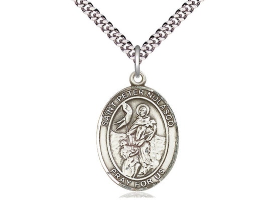 St Peter Nolasco Sterling Silver Pendant on a 24 inch Light Rhodium Heavy Curb Chain.
