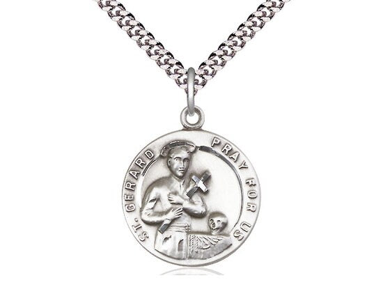 St Gerard Sterling Silver Pendant on a 24 inch Light Rhodium Heavy Curb Chain.