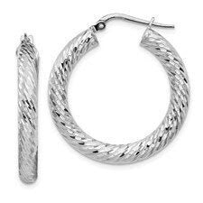 4x20mm White Gold Diamond-cut Round Hoop Earrings