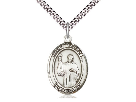 St Maurus Sterling Silver Pendant on a 24 inch Light Rhodium Heavy Curb Chain.