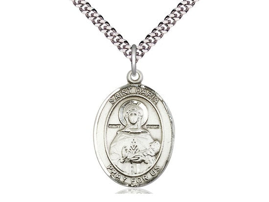 St Daria Sterling Silver Pendant on a 24 inch Light Rhodium Heavy Curb Chain.