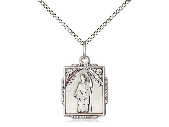St Patrick Sterling Silver Pendant on a 18 inch Sterling Silver Light Curb Chain.