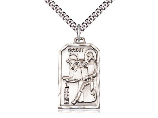 St Luke the Apostle Sterling Silver Pendant on a 24 inch Light Rhodium Heavy Curb Chain.
