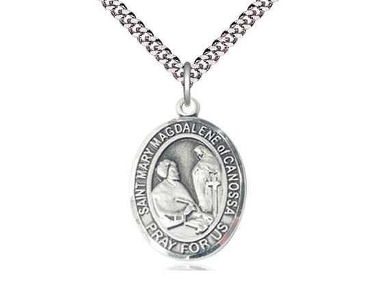 St Mary Magdalene of Canossa Sterling Silver Pendant on a 24 inch Light Rhodium Heavy Curb Chain.