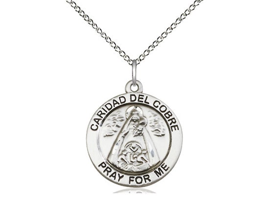 Caridad del Cobre Sterling Silver Pendant on a 18 inch Light Rhodium Heavy Curb Chain.