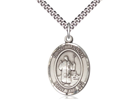 St Maron Sterling Silver Pendant on a 24 inch Light Rhodium Heavy Curb Chain.