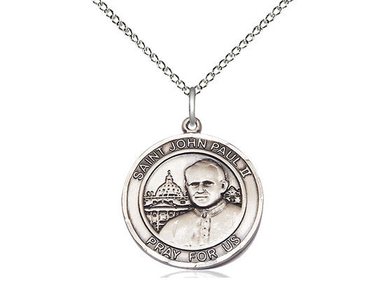 St John Paul II Sterling Silver Pendant on a 18 inch Sterling Silver Light Curb Chain.