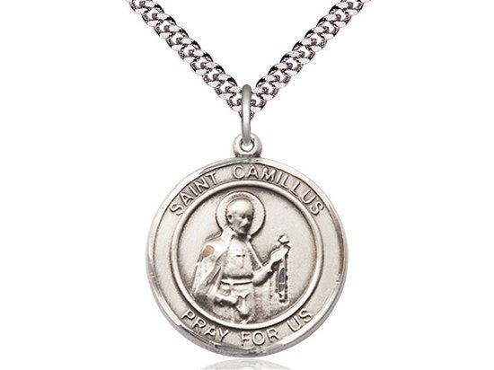 St. Camillus of Lellis Sterling Silver Pendant on a 24 inch Light Rhodium Heavy Curb Chain.