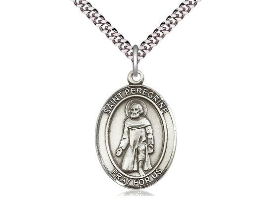 St Peregrine Laziosi Sterling Silver Pendant on a 24 inch Light Rhodium Heavy Curb Chain.