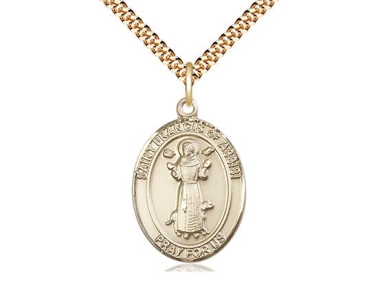 St Francis of Assisi Gold Filled Pendant on a 24 inch Gold Plate Heavy Curb Chain.