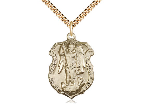 St. Michael the Archangel Shield Gold Filled Pendant on a 24 inch Gold Plate Heavy Curb Chain.
