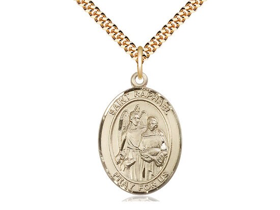 St Raphael the Archangel Gold Filled Pendant on a 24 inch Gold Plate Heavy Curb Chain.