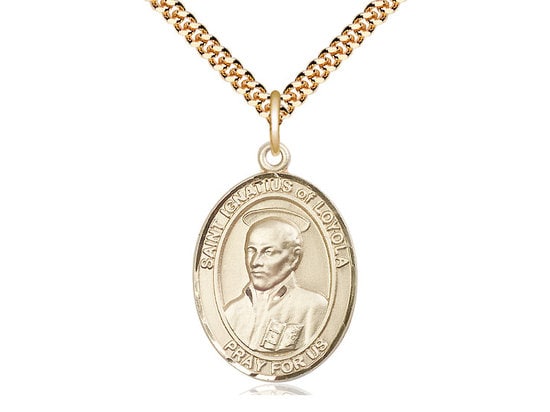St Ignatius of Loyola Gold Filled Pendant on a 24 inch Gold Plate Heavy Curb Chain.