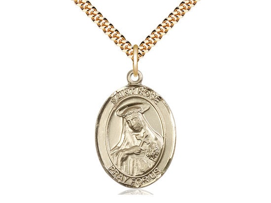 St Rose of Lima Gold Filled Pendant on a 24 inch Gold Plate Heavy Curb Chain.