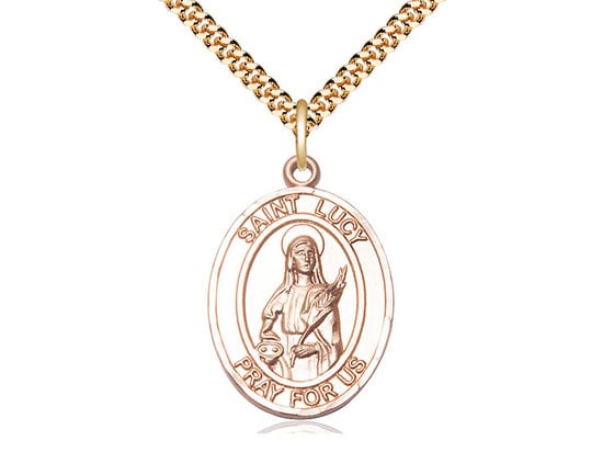 St Lucy Gold Filled Pendant on a 24 inch Gold Plate Heavy Curb Chain.