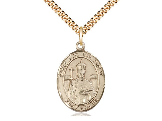 St Leo the Great Gold Filled Pendant on a 24 inch Gold Plate Heavy Curb Chain.
