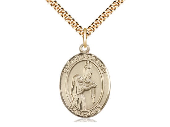 St Bernadette Gold Filled Pendant on a 24 inch Gold Plate Heavy Curb Chain.