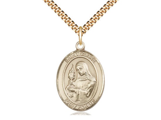 St Clare of Assisi Gold Filled Pendant on a 24 inch Gold Plate Heavy Curb Chain.