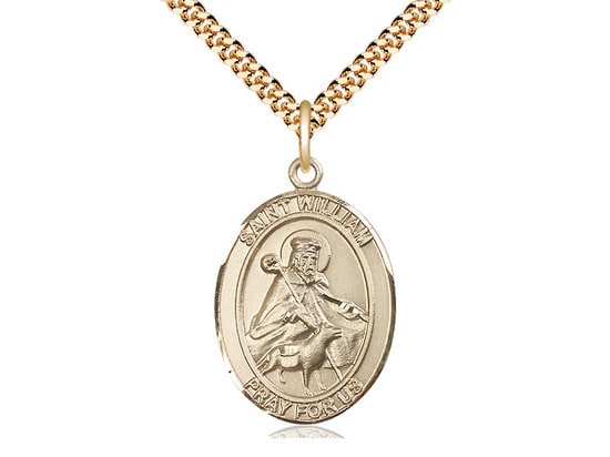 St William of Rochester Gold Filled Pendant on a 24 inch Gold Plate Heavy Curb Chain.