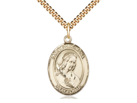 St Philomena Gold Filled Pendant on a 24 inch Gold Plate Heavy Curb Chain.