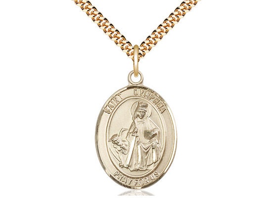 St Dymphna Gold Filled Pendant on a 24 inch Gold Plate Heavy Curb Chain.
