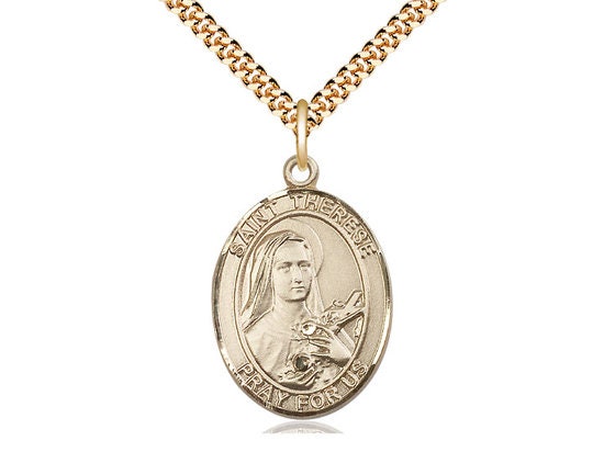 St Therese of Lisieux Gold Filled Pendant on a 24 inch Gold Plate Heavy Curb Chain.