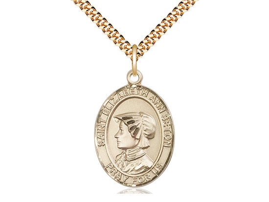 St Elizabeth Ann Seton Gold Filled Pendant on a 24 inch Gold Plate Heavy Curb Chain.