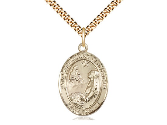 St Catherine of Bologna Gold Filled Pendant on a 24 inch Gold Plate Heavy Curb Chain.