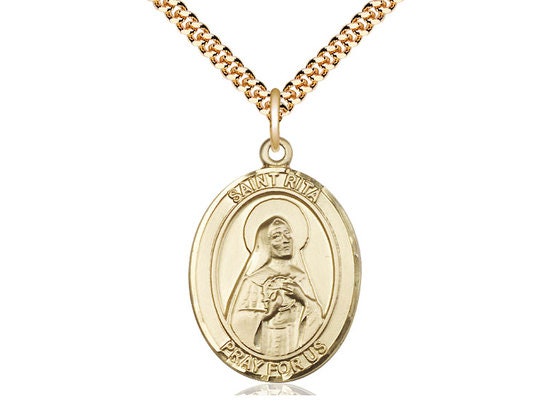 St Rita of Cascia Gold Filled Pendant on a 24 inch Gold Plate Heavy Curb Chain.