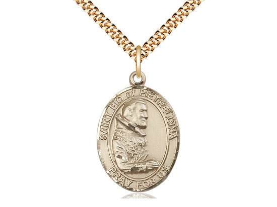 St Pio of Pietrelcina Gold Filled Pendant on a 24 inch Gold Plate Heavy Curb Chain.