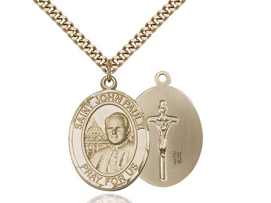 St John Paul II Gold Filled Pendant on a 24 inch Gold Plate Heavy Curb Chain.