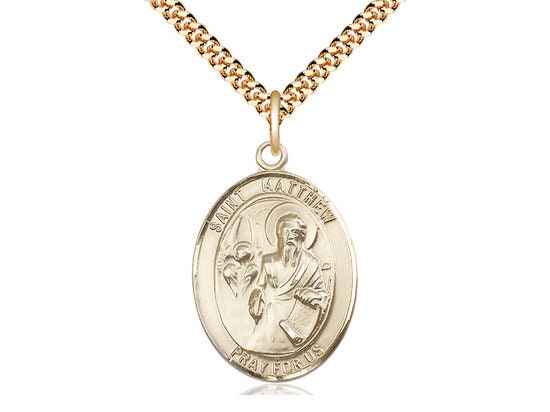 St Matthew the Apostle Gold Filled Pendant on a 24 inch Gold Plate Heavy Curb Chain.