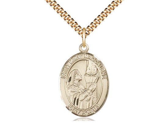 St Mary Magdalene Gold Filled Pendant on a 24 inch Gold Plate Heavy Curb Chain.