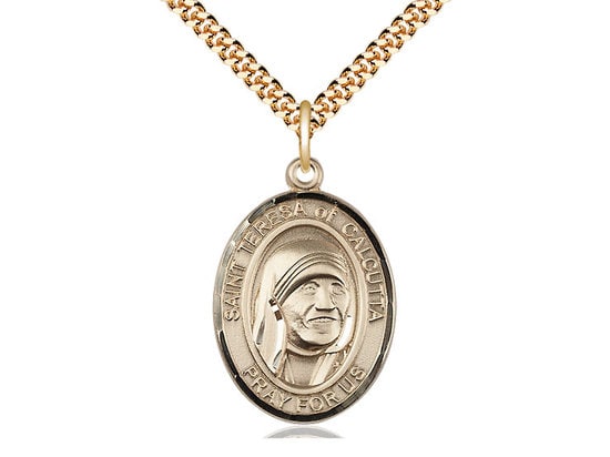 St Teresa of Calcutta Gold Filled Pendant on a 24 inch Gold Plate Heavy Curb Chain.