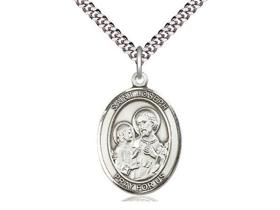 St Joseph Pendant Sterling Silver on a 24 inch Light Rhodium Heavy Curb Chain.