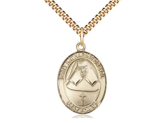 St Katharine Drexel Gold Filled Pendant on a 24 inch Gold Plate Heavy Curb Chain.