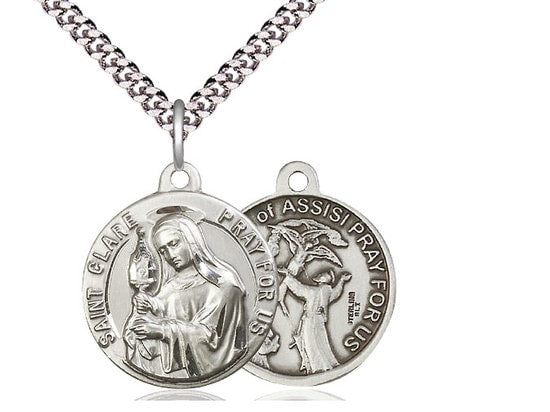 Saint Clare / Saint Francis of Assisi Sterling Silver Pendant on a 24 inch Light Rhodium Heavy Curb Chain.