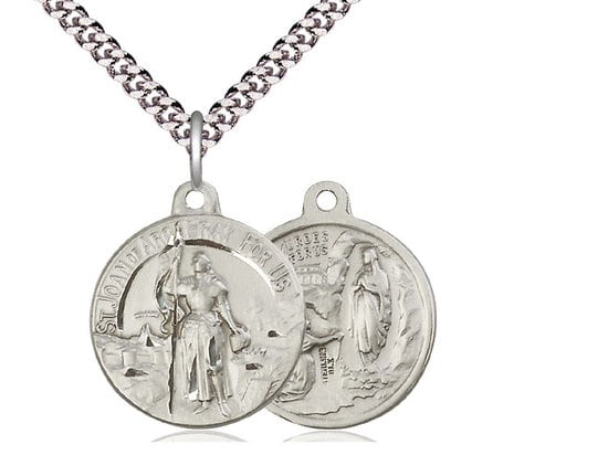 Saint Joan of Arc / Our Lady of Lourdes Sterling Silver Pendant on a 24 inch Light Rhodium Heavy Curb Chain.