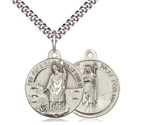Saint Patrick / Saint Bridget Sterling Silver Pendant on a 24 inch Light Rhodium Heavy Curb Chain.