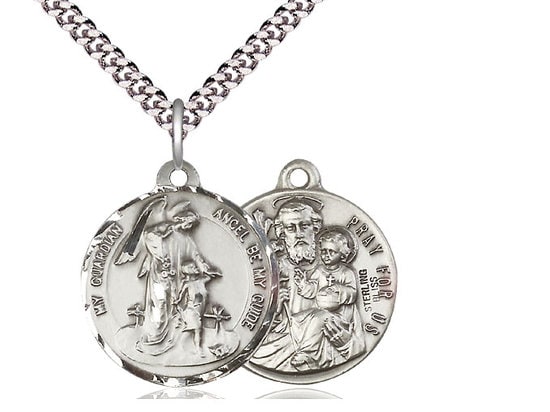 Guardian Angel / Saint Joseph Sterling Silver Pendant on a 24 inch Light Rhodium Heavy Curb Chain.