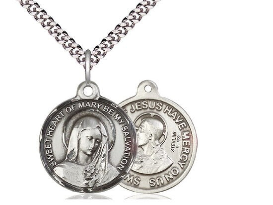 Immaculate Heart of Mary Sterling Silver Pendant on a 24 inch Light Rhodium Heavy Curb Chain.