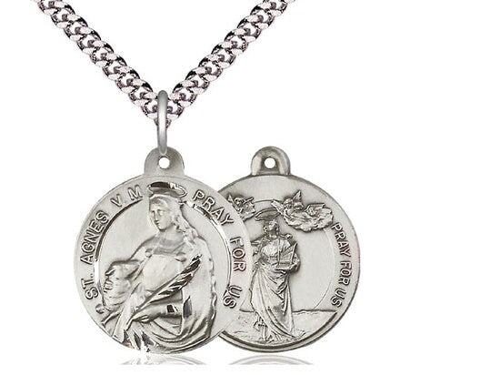 Saint Agnes of Rome / Saint Cecilia Sterling Silver Pendant on a 24 inch Light Rhodium Heavy Curb Chain.