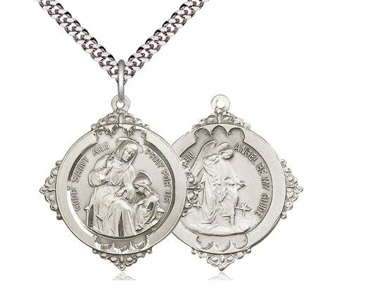 Saint Ann / Guardian Angel Sterling Silver Pendant on a 24 inch Light Rhodium Heavy Curb Chain.