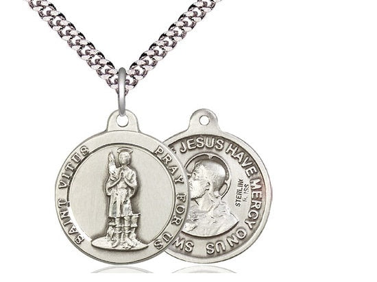 Saint Vitus / Sacred Heart of Jesus Sterling Silver Pendant on a 24 inch Light Rhodium Heavy Curb Chain.