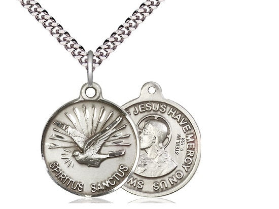 Holy Spirit / Sacred Heart of Jesus Sterling Silver Pendant on a 24 inch Light Rhodium Heavy Curb Chain.