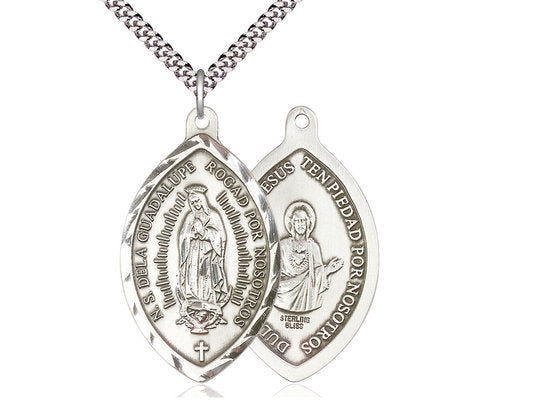 Our Lady of Guadalupe / Sacred Heart Sterling Silver Pendant on a 24 inch Light Rhodium Heavy Curb Chain.